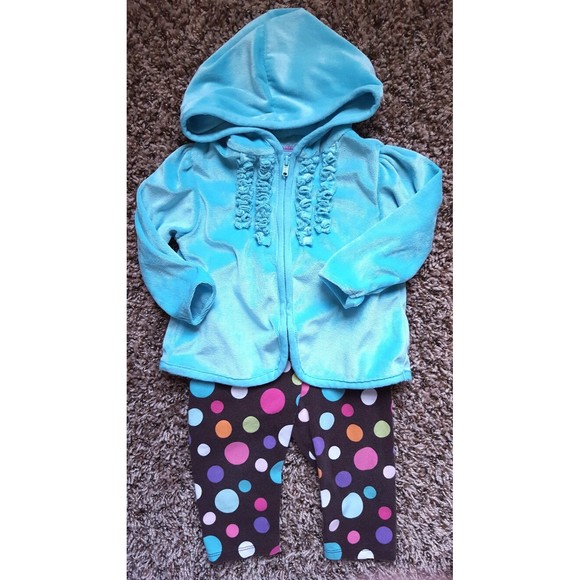 Girl's Size 6-9 M Months 3 Piece Blue Velour Hooded Jacket, Owl Top & Dot Pants - Picture 2 of 9